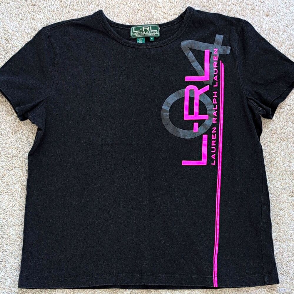 LAUREN ACTIVE Ralph Lauren Vintage Y2K Black Hot Pink Vertical Logo Tee M